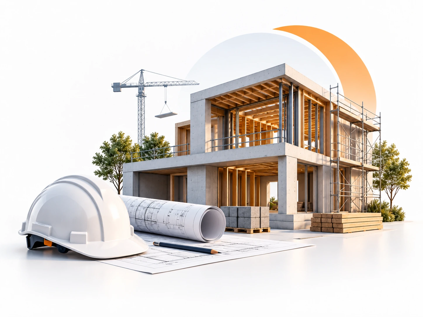 House under construction with architectural plans, safety helmet and crane