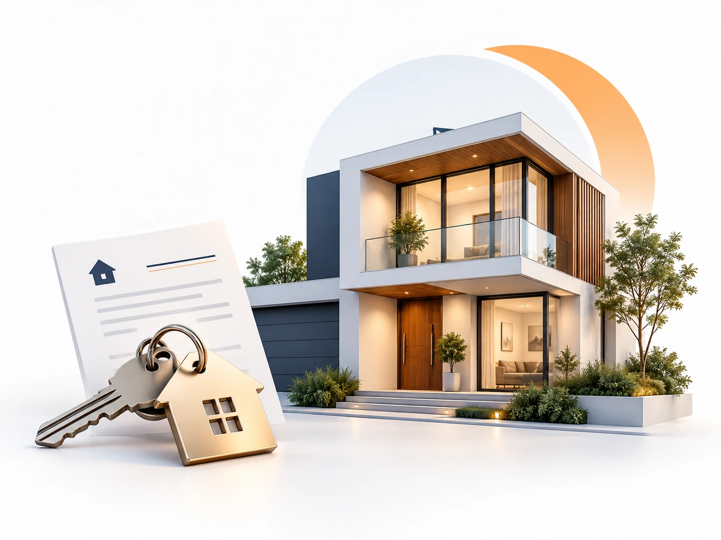 Modern home, house keys and loan paperwork representing home loan assistance